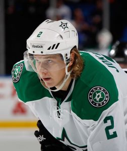 UNIONDALE, NY - OCTOBER 25:  Jyrki Jokipakka #2 of the Dallas Stars skates against the New York Islanders at the Nassau Veterans Memorial Coliseum on October 25, 2014 in Uniondale, New York. The Islanders defeated the Stars 7.5.  (Photo by Bruce Bennett/Getty Images)