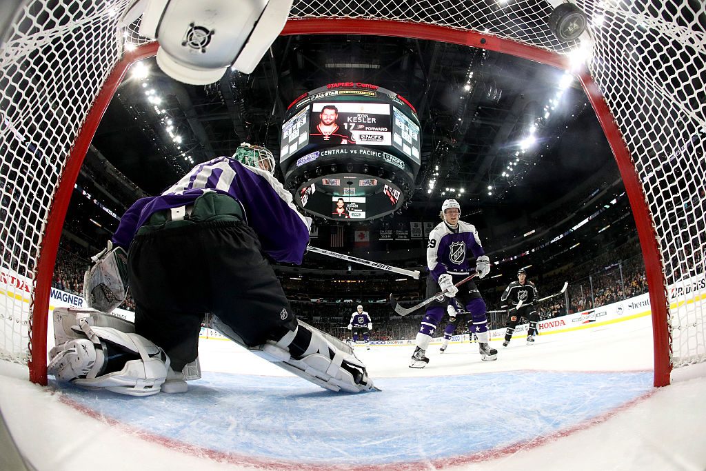 LOS ANGELES, CA - JANUARY 29: Devan Dubnyk #40 of the Minnesota Wild and Patrik Laine #29 of the Winnipeg Jets react to a goal during the 2017 Honda NHL All-Star Game Semifinal #1 (Central vs. Pacific) at Staples Center on January 29, 2017 in Los Angeles, California. (Photo by Bruce Bennett/Getty Images)