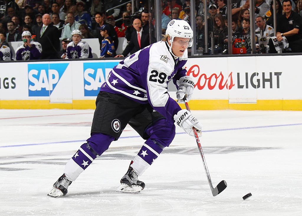 LOS ANGELES, CA - JANUARY 29: Patrik Laine #29 of the Winnipeg Jets handles the puck against the Pacific Division All-Stars during the 2017 Honda NHL All-Star Game Semifinal #1 (Central vs. Pacific) at Staples Center on January 29, 2017 in Los Angeles, California. (Photo by Bruce Bennett/Getty Images)