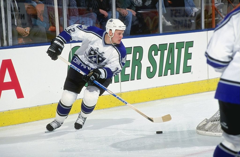 9 Mar 1999: Olli Jokinen #12 of the Los Angeles Kings controls the puck during the game against the Detroit Red Wings at the Great Western Forum in Inglewod, California. The Kings defeated the Red Wings 4-2.