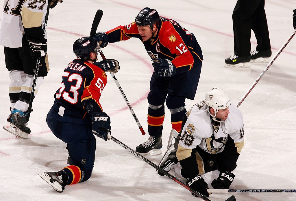SUNRISE, FL - MARCH 06: Olli Jokinen #12 of the Florida Panthers celebrates with teammates Brett McLean #53 after McLean scored past Ryan Whitney #19 of the Pittsburgh Penguins at Bank Atlantic Center on March 6, 2008 in Sunrise, Florida. (Photo by Doug Benc/Getty Images)