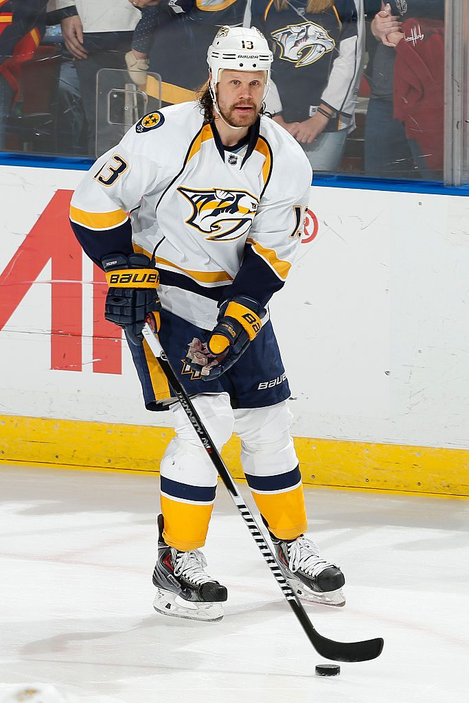 SUNRISE, FL - FEBRUARY 8: Olli Jokinen #13 of the Nashville Predators skates prior to the game against the Florida Panthers at the BB&T Center on February 8, 2015 in Sunrise, Florida. (Photo by Joel Auerbach/Getty Images)