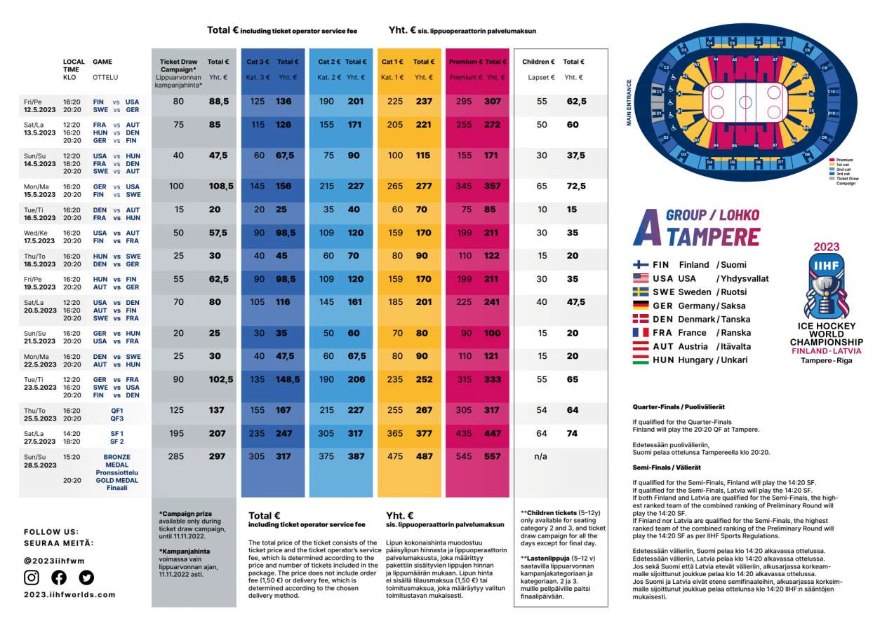 Jääkiekon MM-kisat 2023 – Lippujen hinnat.